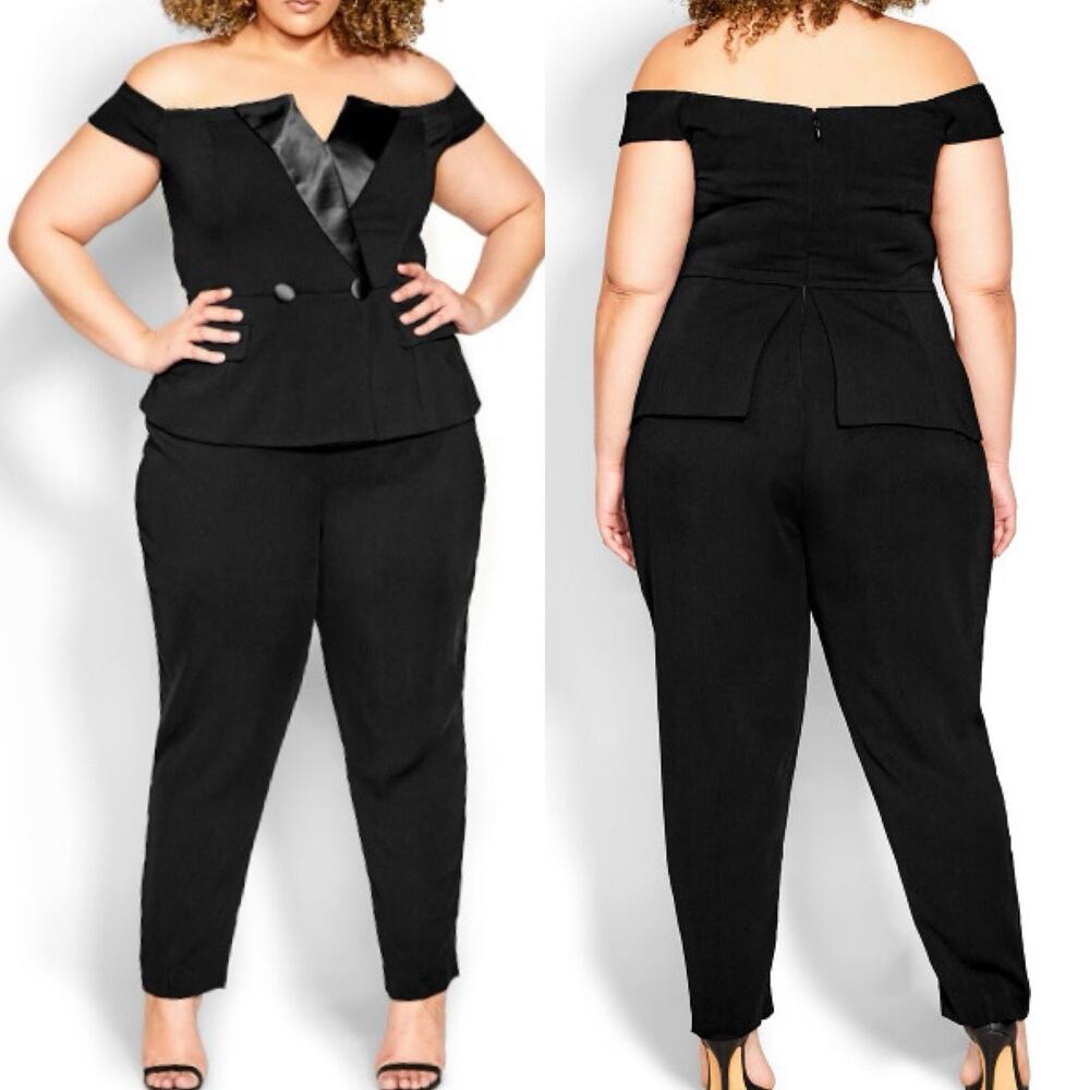 City Chic Sexy Tux Jumpsuit Womens Plus Size 18 Off The Shoulder Black Menswear - Picture 1 of 7